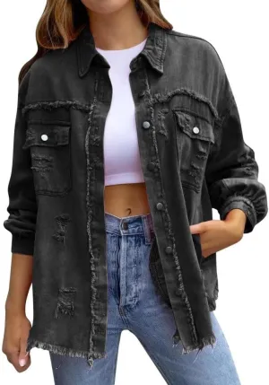 Women's Jean Jacket Oversized Boyfriend Button Up Long Sleeve Split Denim Jackets