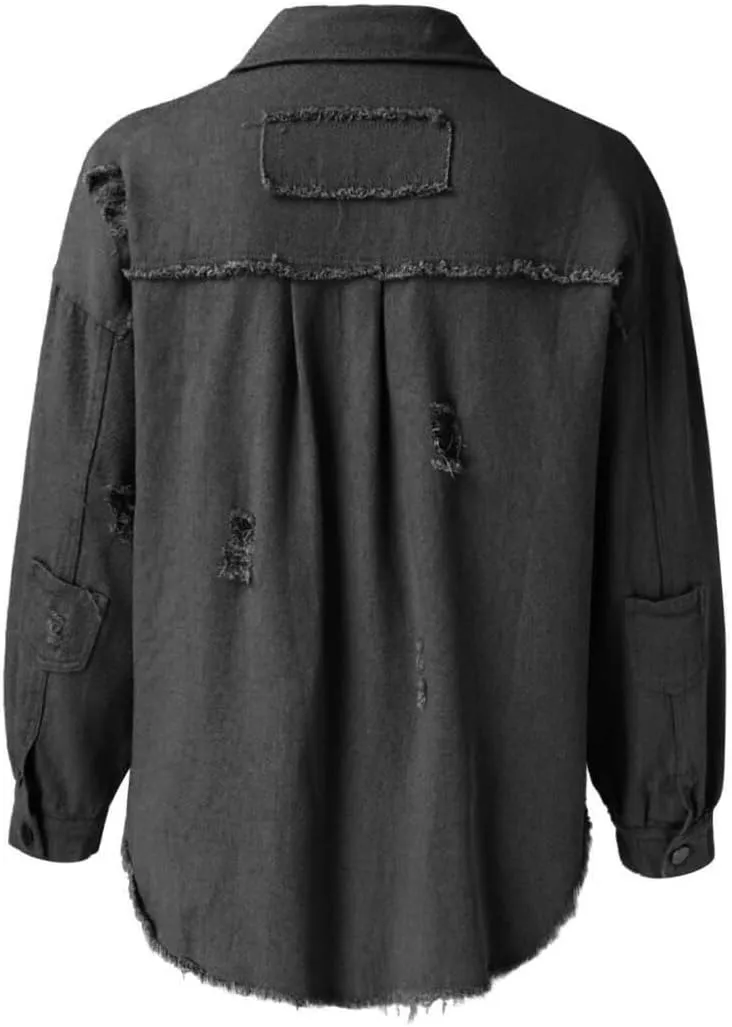 Women's Jean Jacket Oversized Boyfriend Button Up Long Sleeve Split Denim Jackets