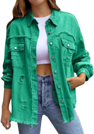 Women's Jean Jacket Oversized Boyfriend Button Up Long Sleeve Split Denim Jackets