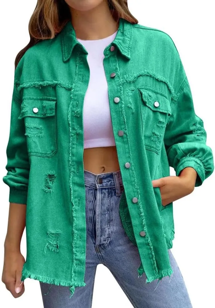 Women's Jean Jacket Oversized Boyfriend Button Up Long Sleeve Split Denim Jackets