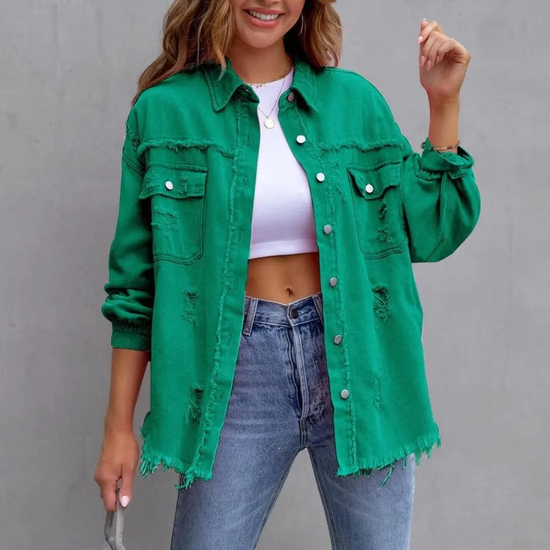 Women's Jean Jacket Oversized Boyfriend Button Up Long Sleeve Split Denim Jackets