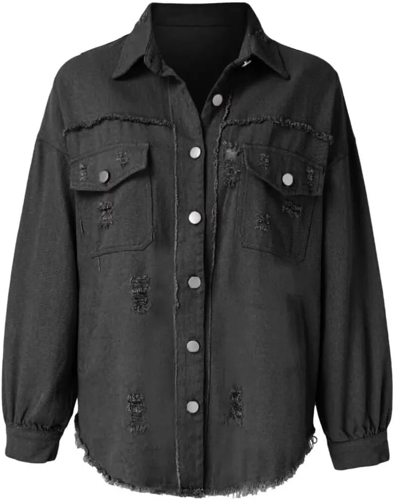 Women's Jean Jacket Oversized Boyfriend Button Up Long Sleeve Split Denim Jackets