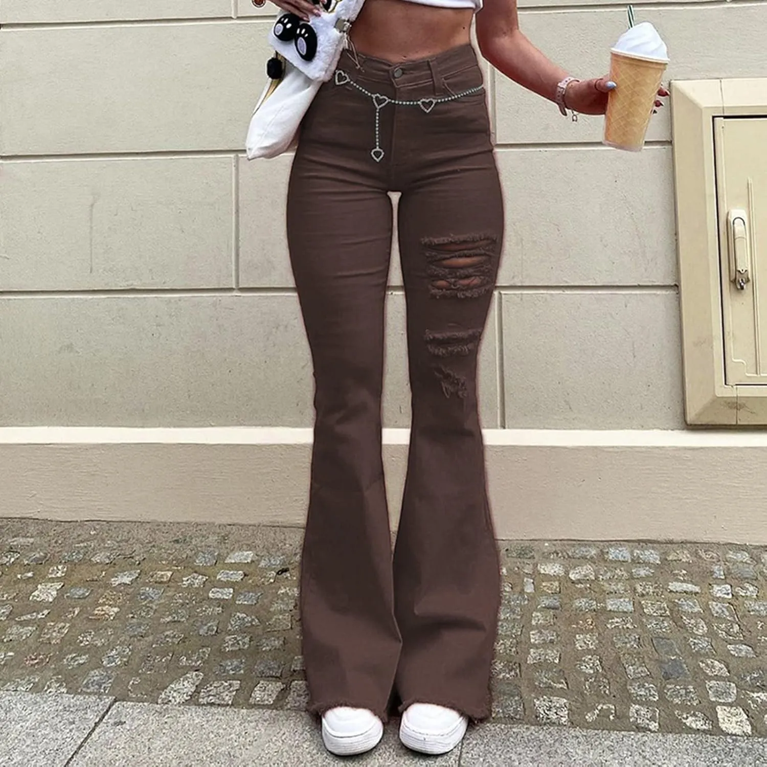 Womens Jeans Stretch Bootcut Y2K Fashion Boyfriend Jeans Skateboard Bell Bottom Harem Pants with Pockets