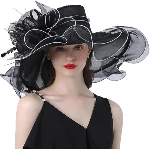 Women's Large Derby Hat Flower Feather Organza Church Flamboyant Fascinators Elegant Wide Brim Tea Party Sun Cap