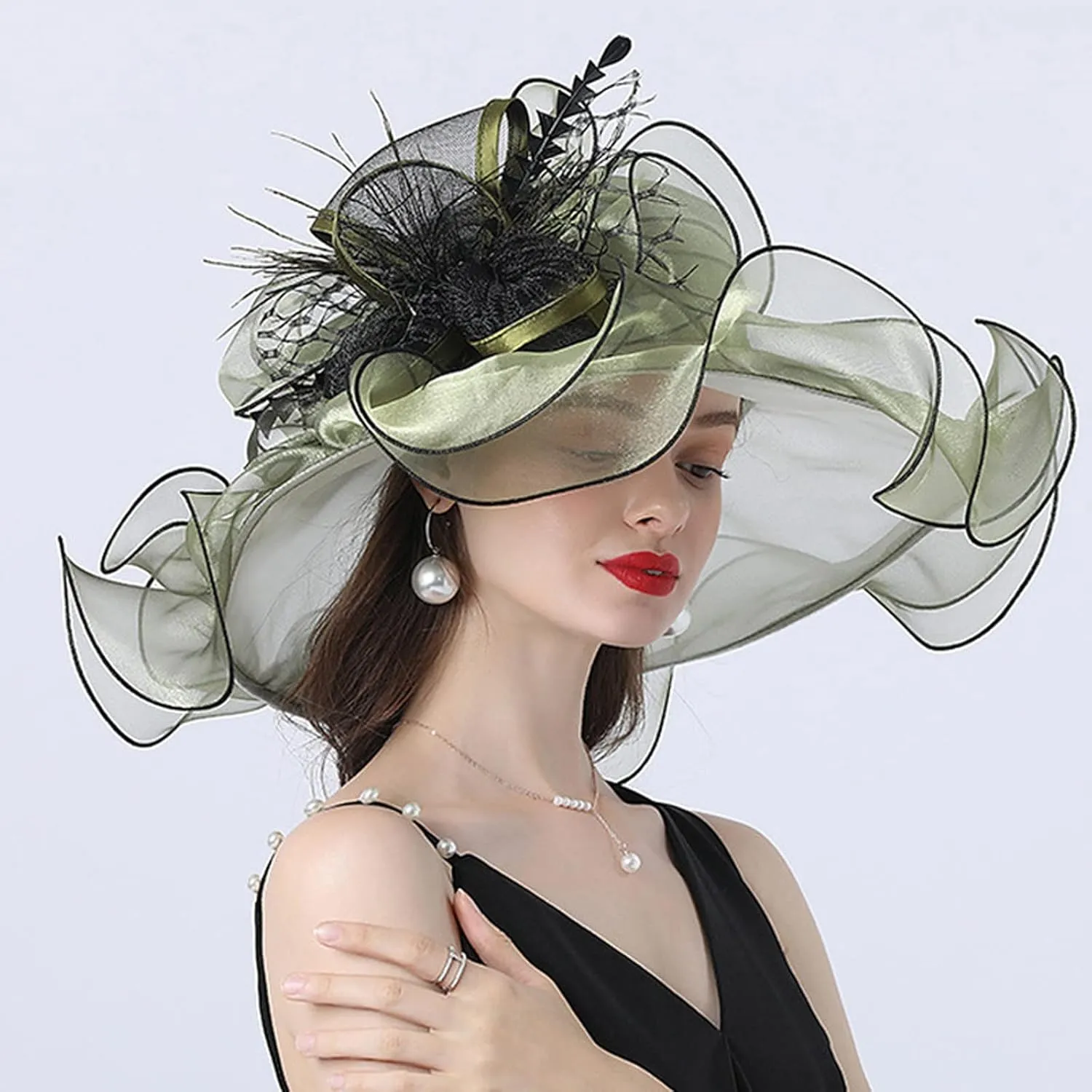 Women's Large Derby Hat Flower Feather Organza Church Flamboyant Fascinators Elegant Wide Brim Tea Party Sun Cap