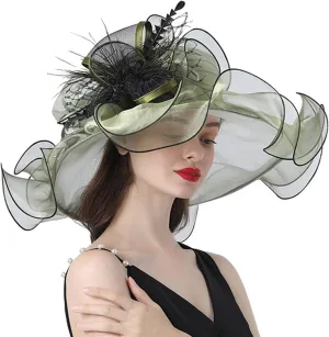 Women's Large Derby Hat Flower Feather Organza Church Flamboyant Fascinators Elegant Wide Brim Tea Party Sun Cap