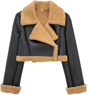 Womens Leather Jackets Sherpa Lined Fleece Jackets Cropped Winter Coats Faux Shearing Moto Bomber Jacket Fluffy Coats