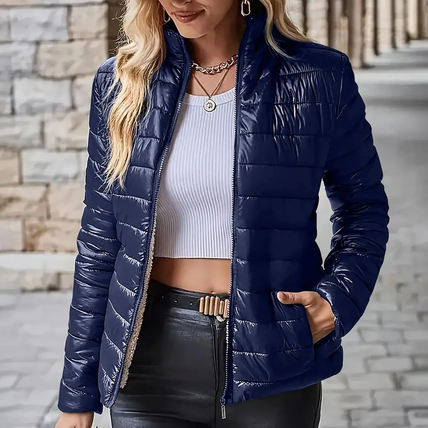 Women's Lightweight Quilted Jackets Winter Casual Sherpa Fleece Lined Padded Down Jackets Trendy Cropped Puffer Coats