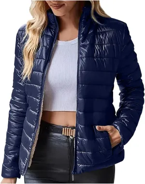 Women's Lightweight Quilted Jackets Winter Casual Sherpa Fleece Lined Padded Down Jackets Trendy Cropped Puffer Coats