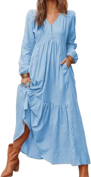 Women's Linen Maxi Dress Long Sleeve with Pockets Boho Beach Pleated Long Dress Casual V-Neck Tiered Ruffle Dresses