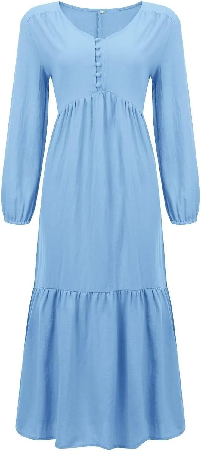 Women's Linen Maxi Dress Long Sleeve with Pockets Boho Beach Pleated Long Dress Casual V-Neck Tiered Ruffle Dresses