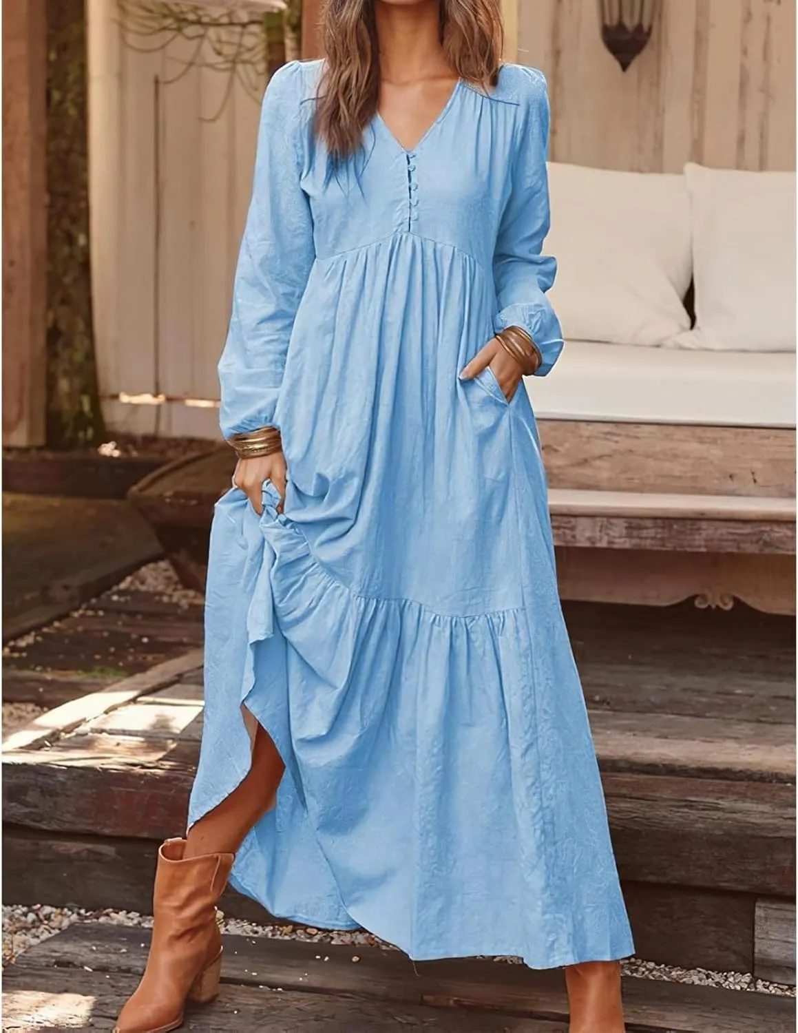 Women's Linen Maxi Dress Long Sleeve with Pockets Boho Beach Pleated Long Dress Casual V-Neck Tiered Ruffle Dresses