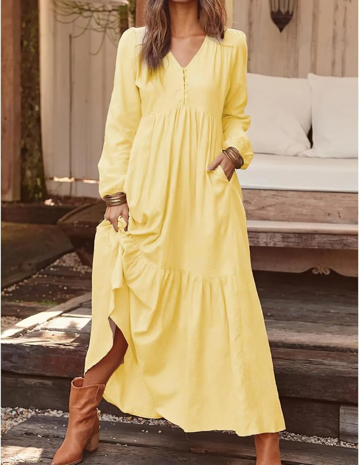 Women's Linen Maxi Dress Long Sleeve with Pockets Boho Beach Pleated Long Dress Casual V-Neck Tiered Ruffle Dresses