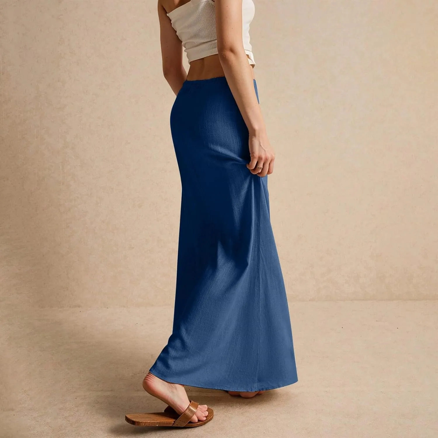 Womens Linen Maxi Skirt Drawstring High Waisted Summer Long Skirts Lightweight Tiered Flowy Skirts