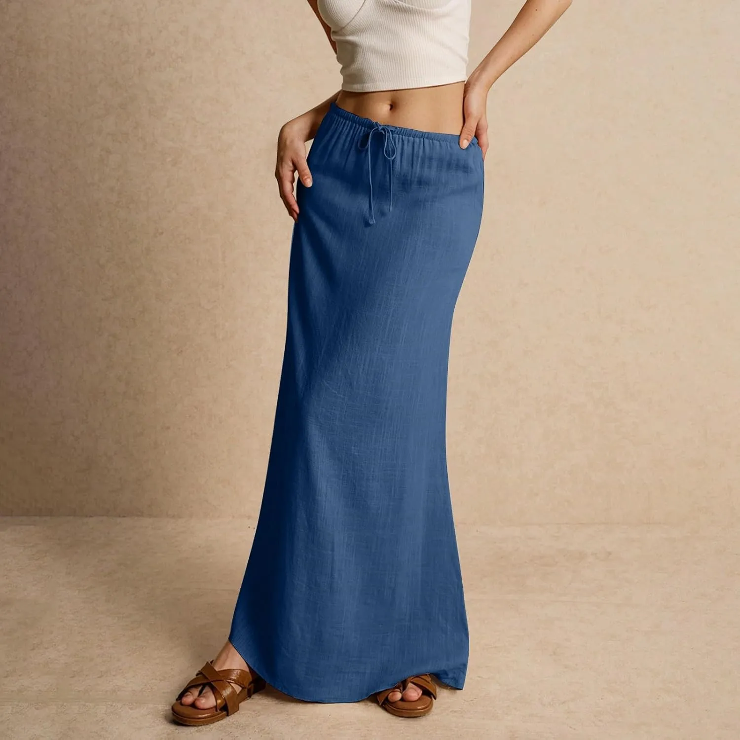 Womens Linen Maxi Skirt Drawstring High Waisted Summer Long Skirts Lightweight Tiered Flowy Skirts