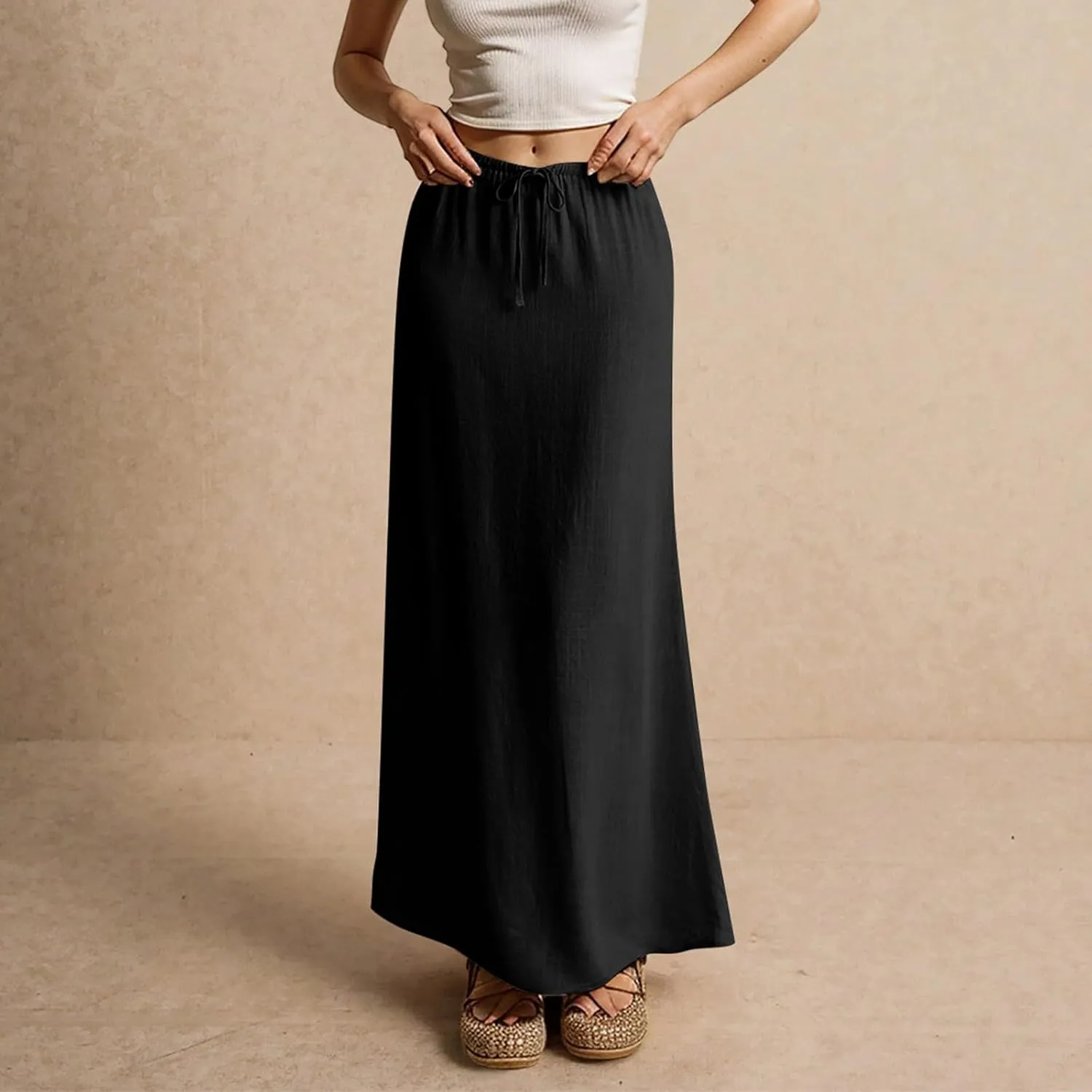 Womens Linen Maxi Skirt Drawstring Waist A Line Long Flowy Floor Length Trendy Comfy Summer Beach Vacation