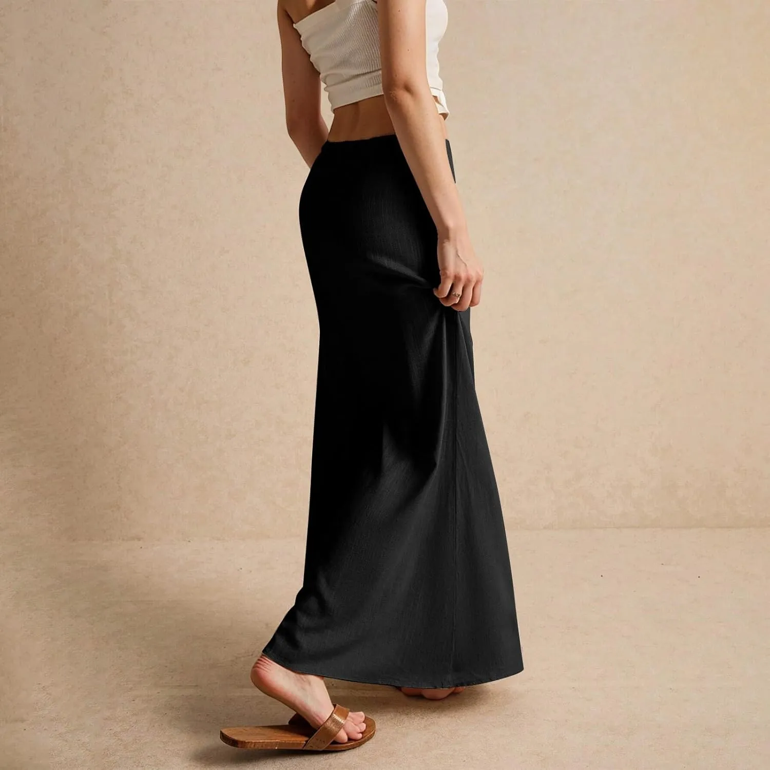 Womens Linen Maxi Skirt Drawstring Waist A Line Long Flowy Floor Length Trendy Comfy Summer Beach Vacation