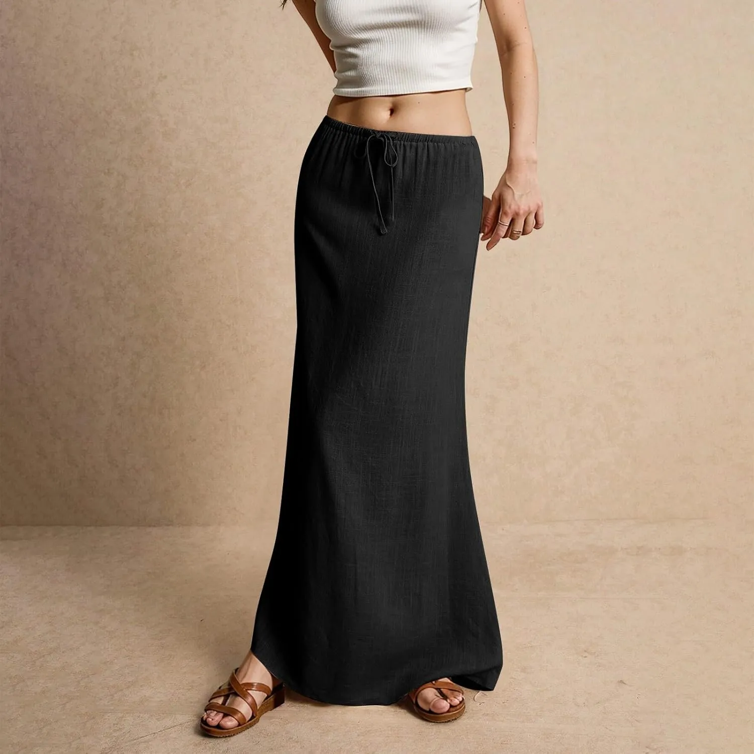 Womens Linen Maxi Skirt Drawstring Waist A Line Long Flowy Floor Length Trendy Comfy Summer Beach Vacation