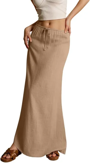 Womens Linen Maxi Skirt Elastic High Waist Swing Tiered A-line Flowy Pleated Beach Vacation Long Skirts