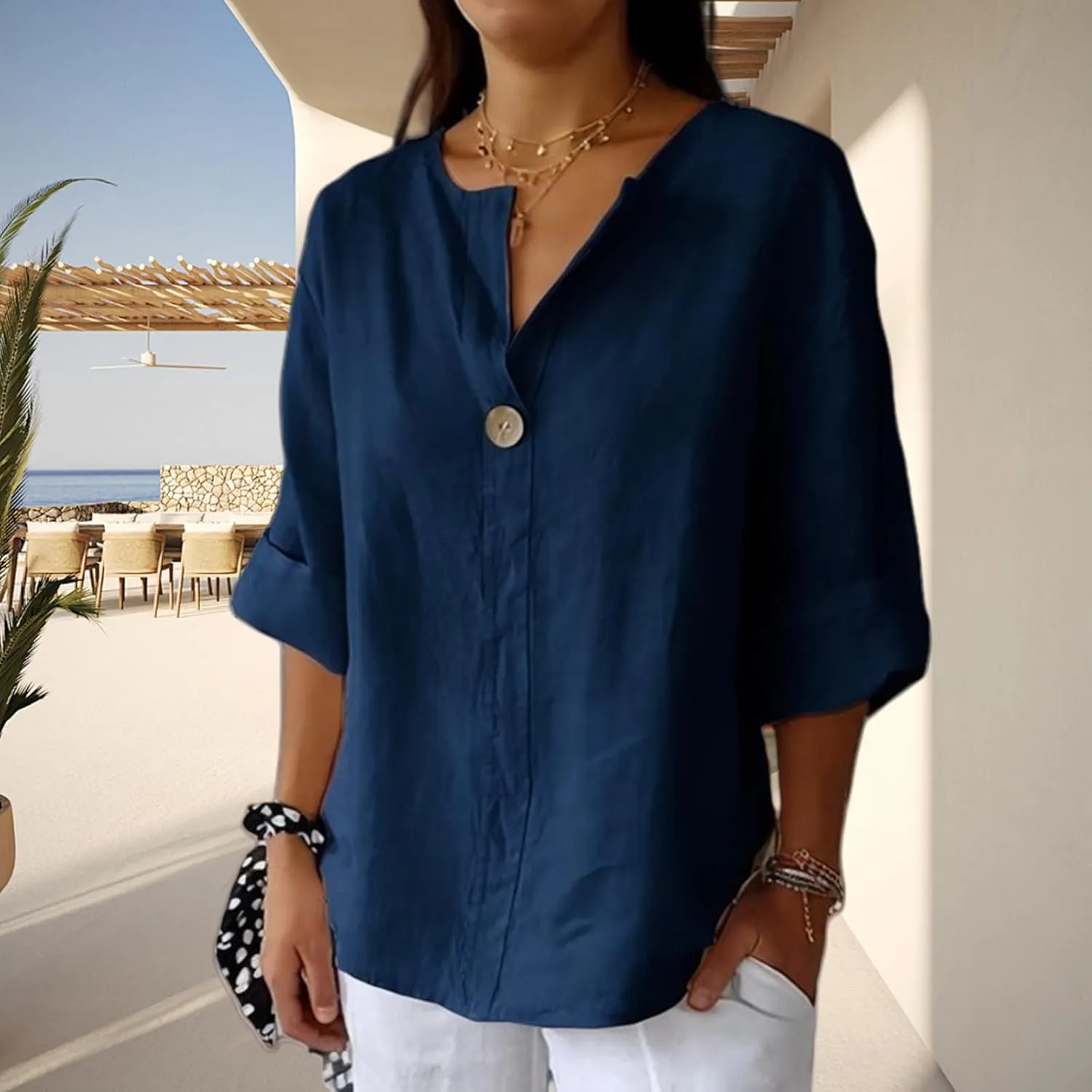 Women's Linen Shirt Casual Button V Neck Long Sleeve Shirts Breathable Lightweight Summer T Shirts Solid Blouses Tops