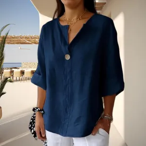 Women's Linen Shirt Casual Button V Neck Long Sleeve Shirts Breathable Lightweight Summer T Shirts Solid Blouses Tops