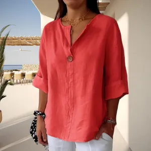 Women's Linen Shirt Casual Button V Neck Long Sleeve Shirts Breathable Lightweight Summer T Shirts Solid Blouses Tops