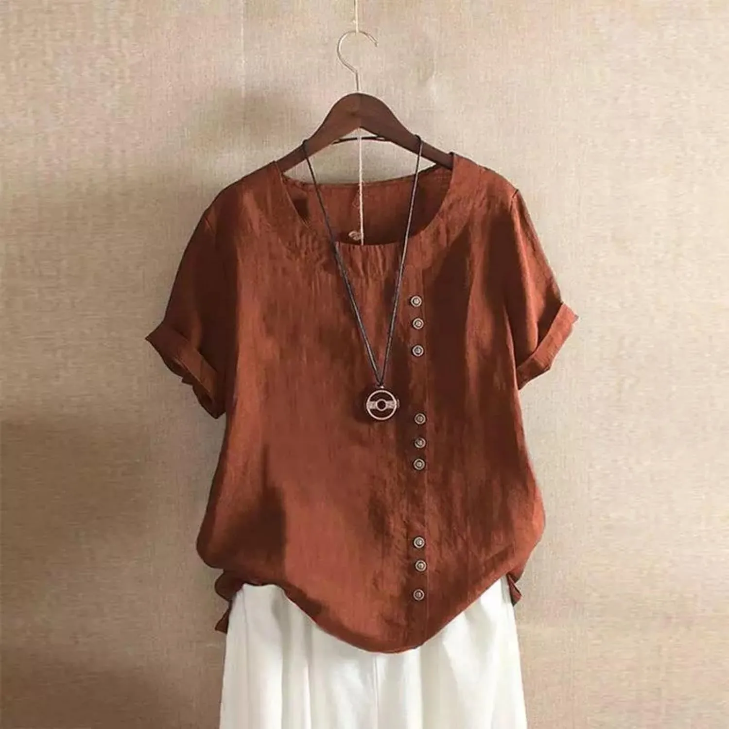 Womens Linen Tops Crew Neck Short Sleeve T Shirts Plus Size Summer Tops Button Down Blouses Fashion Tee Shirts