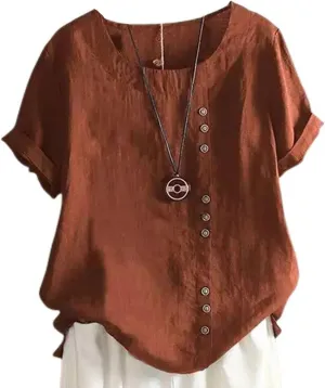Womens Linen Tops Crew Neck Short Sleeve T Shirts Plus Size Summer Tops Button Down Blouses Fashion Tee Shirts