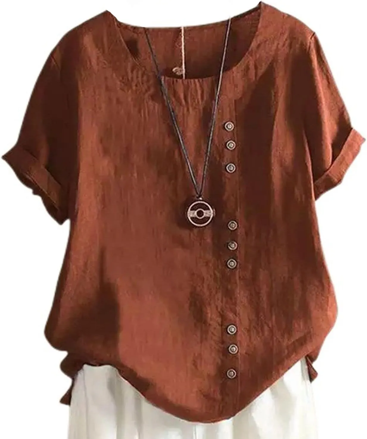 Womens Linen Tops Crew Neck Short Sleeve T Shirts Plus Size Summer Tops Button Down Blouses Fashion Tee Shirts