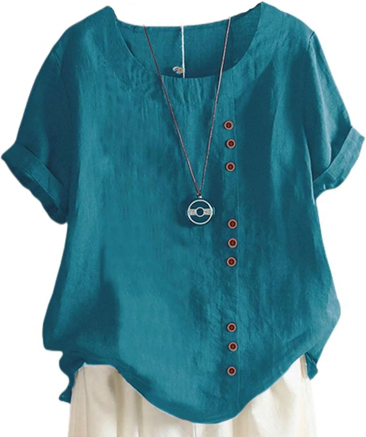 Womens Linen Tops Crew Neck Short Sleeve T Shirts Plus Size Summer Tops Button Down Blouses Fashion Tee Shirts