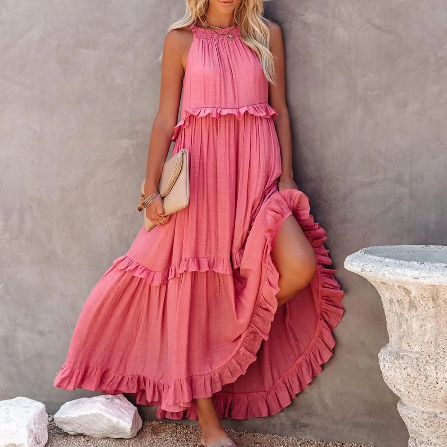 Women's Maxi Dress 2025 Spring Casual Loose Swing Boho Smocked Ruffle Sundress Halter Sleeveless Tiered Beach Dress