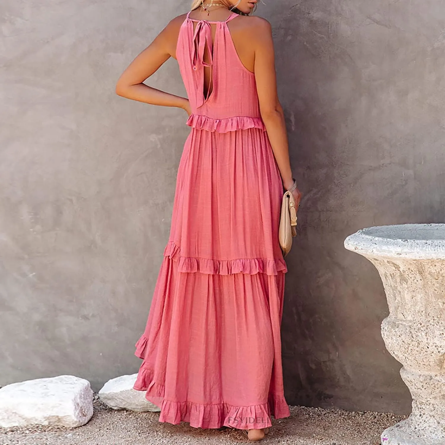 Women's Maxi Dress 2025 Spring Casual Loose Swing Boho Smocked Ruffle Sundress Halter Sleeveless Tiered Beach Dress