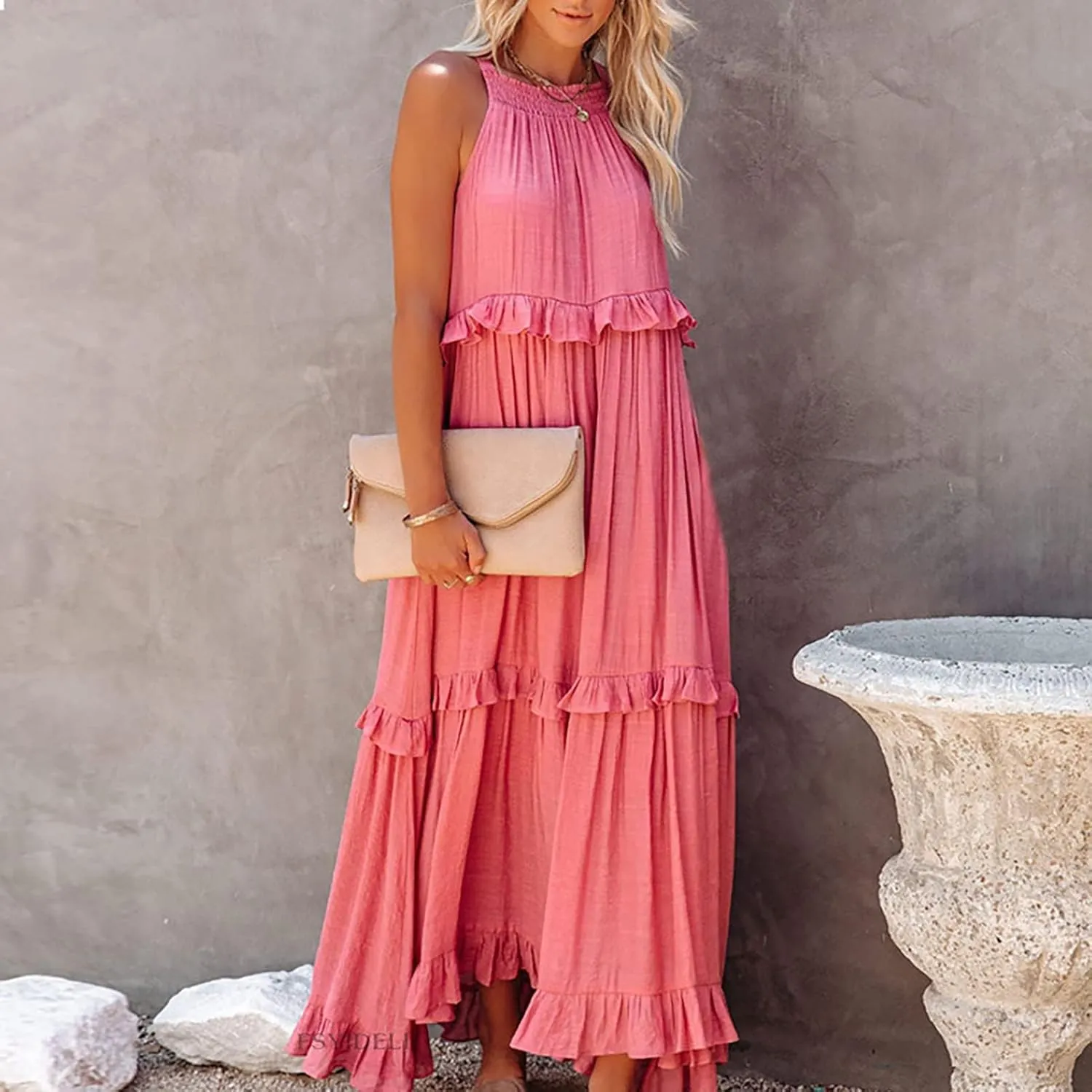 Women's Maxi Dress 2025 Spring Casual Loose Swing Boho Smocked Ruffle Sundress Halter Sleeveless Tiered Beach Dress