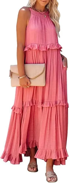 Women's Maxi Dress 2025 Spring Casual Loose Swing Boho Smocked Ruffle Sundress Halter Sleeveless Tiered Beach Dress