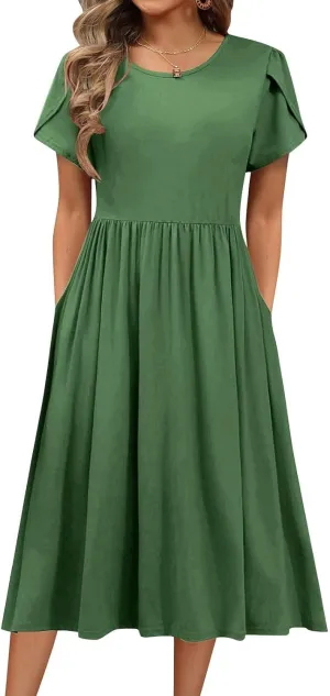 Women's Maxi Dresses Short Sleeve Crewneck Dresses Ruffle Flowy Flutter Ruffle Hem Dress Solid Color Dress Pocket