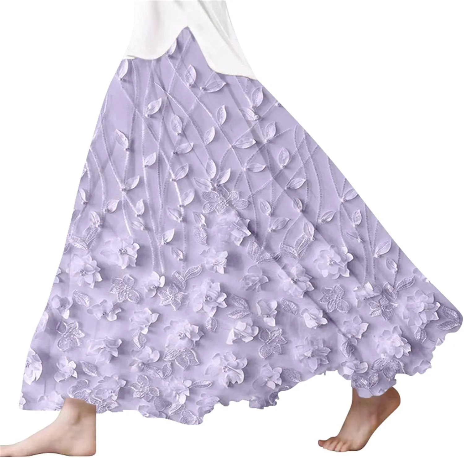 Womens Maxi Skirt Summer Floral Embroidered Lace Printed Boho Easter Long Skirts Flowy Tiered Beach Vacation Dress