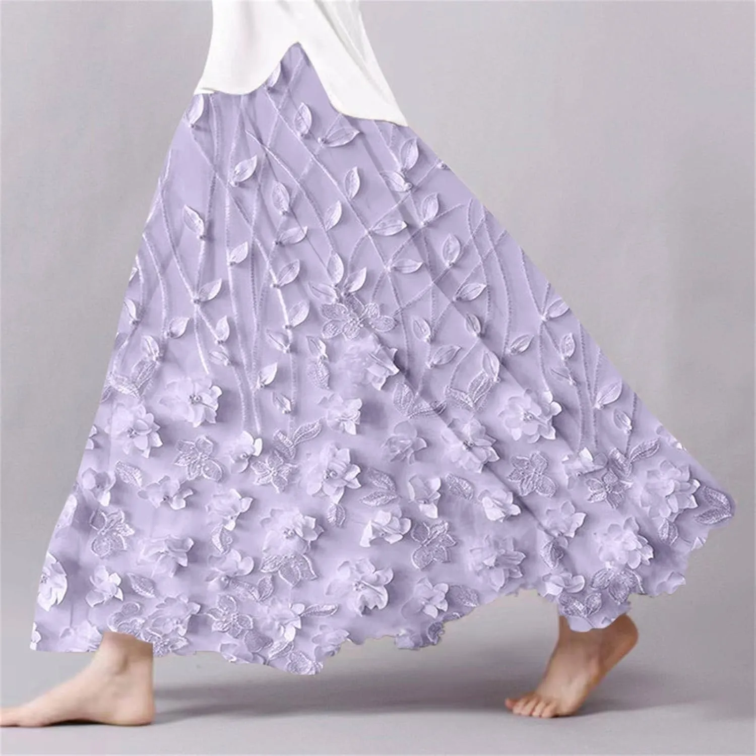 Womens Maxi Skirt Summer Floral Embroidered Lace Printed Boho Easter Long Skirts Flowy Tiered Beach Vacation Dress