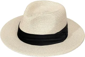 Womens Mens Wide Brim Straw Panama Hat Fedora Summer Beach Sun Hat Straw Hat Teardrop Crown with Ribbon Band