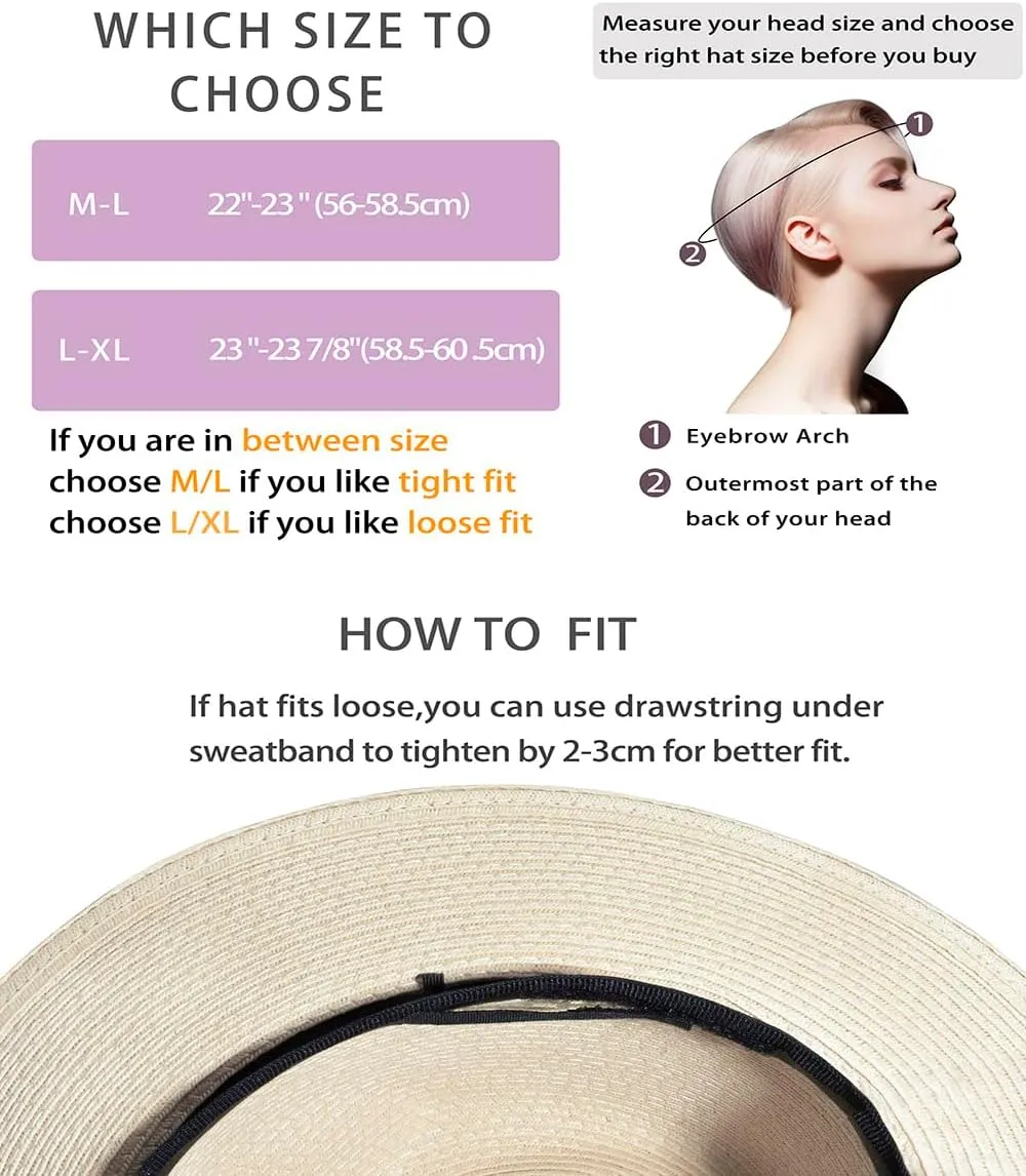 Womens Mens Wide Brim Straw Panama Hat Fedora Summer Beach Sun Hat Straw Hat Teardrop Crown with Ribbon Band