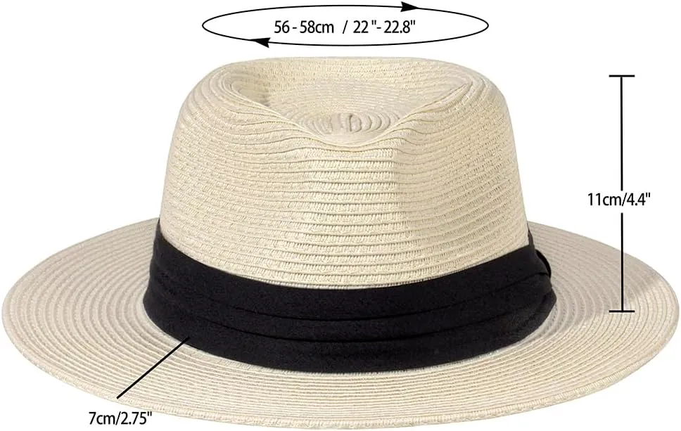 Womens Mens Wide Brim Straw Panama Hat Fedora Summer Beach Sun Hat Straw Hat Teardrop Crown with Ribbon Band