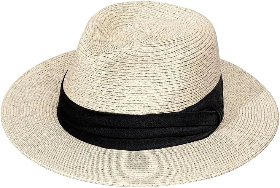Womens Mens Wide Brim Straw Panama Hat Fedora Summer Beach Sun Hat Straw Hat Teardrop Crown with Ribbon Band