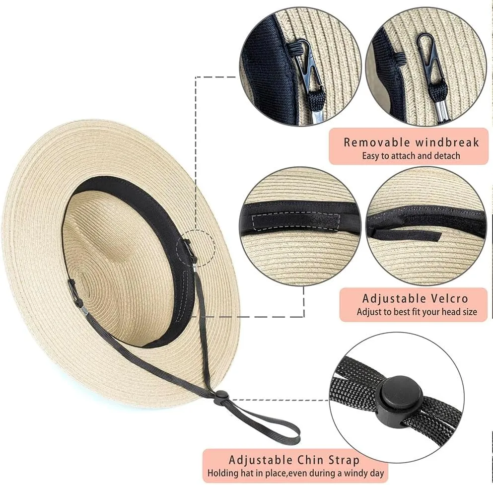 Womens Mens Wide Brim Straw Panama Hat Fedora Summer Beach Sun Hat Straw Hat Teardrop Crown with Ribbon Band