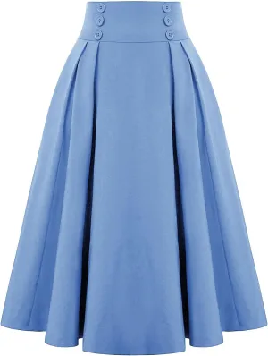 Womens Midi Skirts Vintage High Waist Business Casual Office Wear to Work Pleated A-Line Flared Long Skirt Dresses