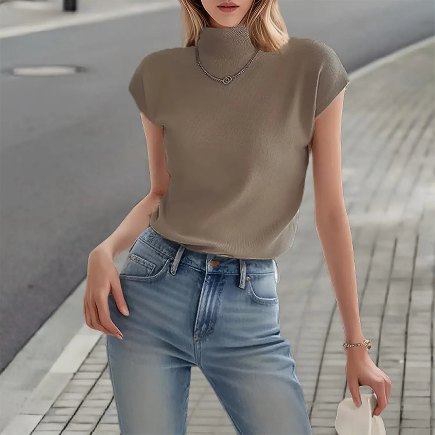Women's Mock Turtleneck Tops Ice Silk Short Sleeve Slim Fit Summer Casual Shirts Lightweight Basic Tees Dressy Shirt for Work