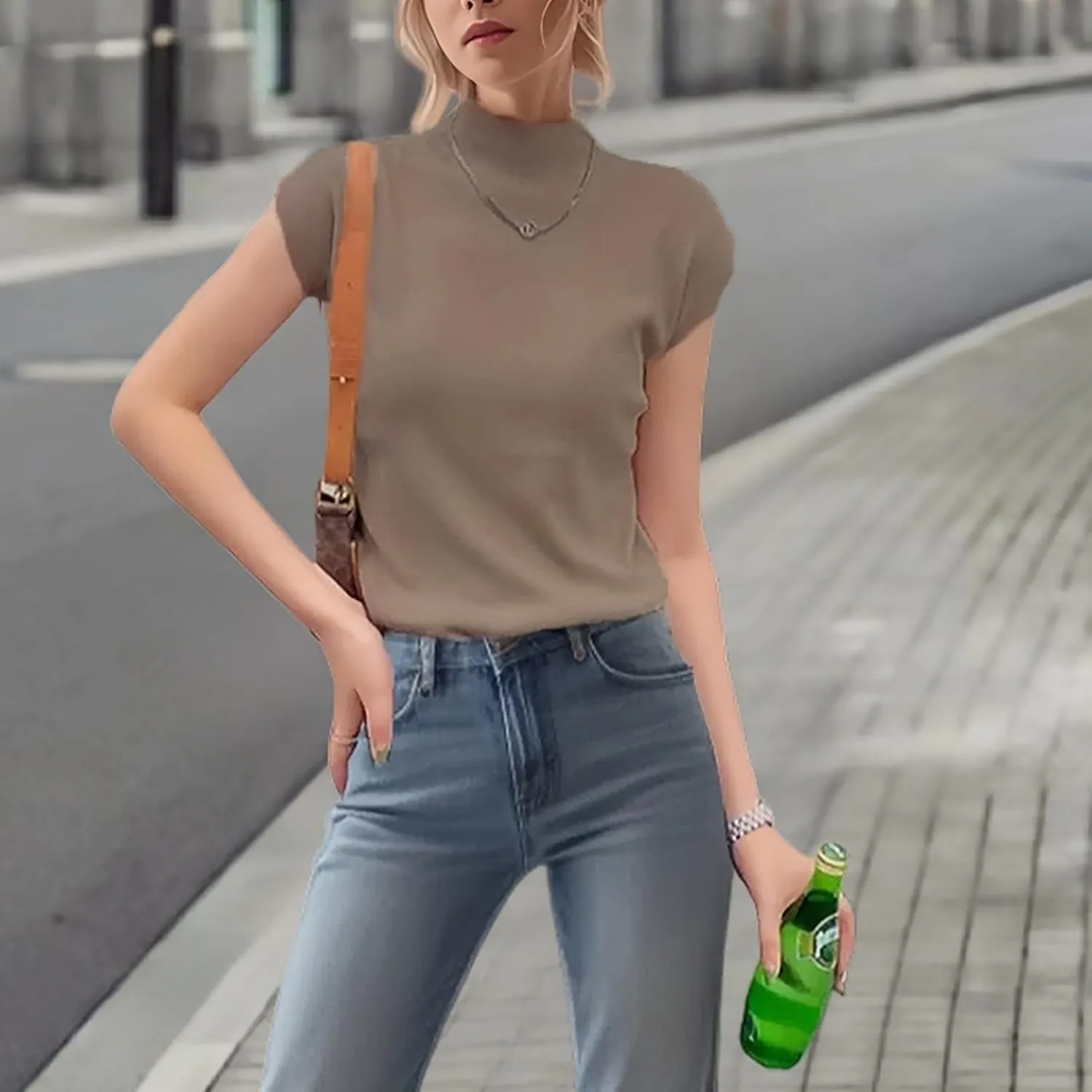 Women's Mock Turtleneck Tops Ice Silk Short Sleeve Slim Fit Summer Casual Shirts Lightweight Basic Tees Dressy Shirt for Work
