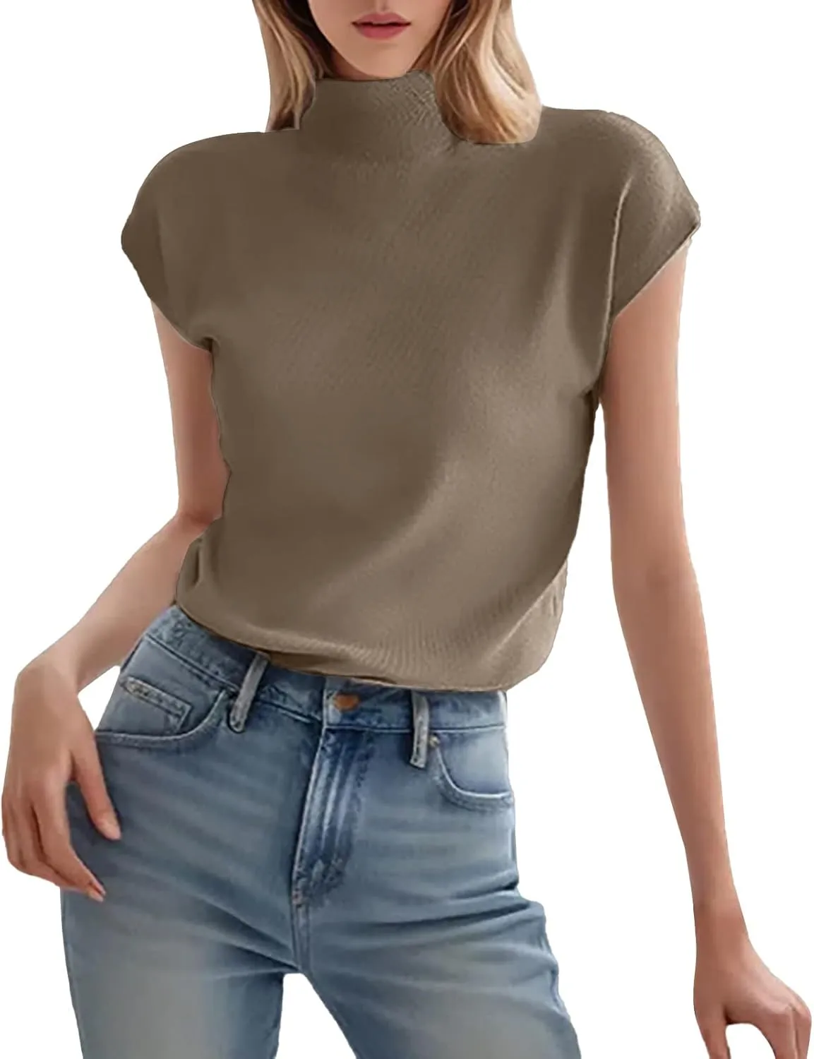 Women's Mock Turtleneck Tops Ice Silk Short Sleeve Slim Fit Summer Casual Shirts Lightweight Basic Tees Dressy Shirt for Work
