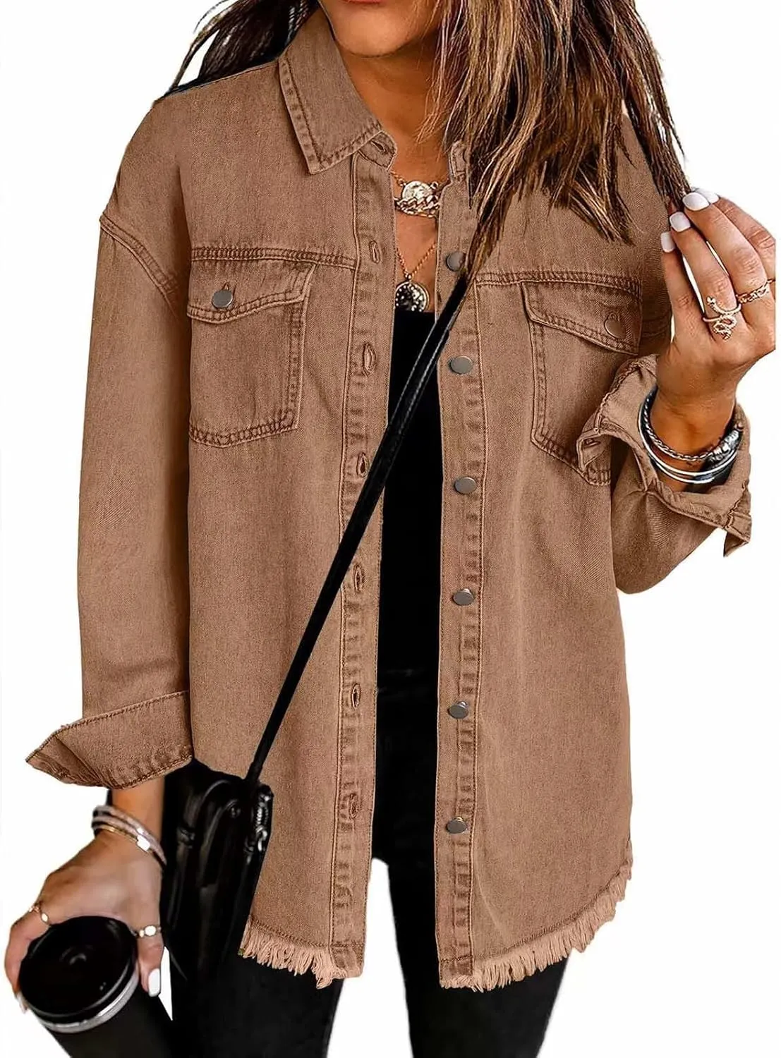 Womens Oversize Denim Jacket Trendy Long Sleeve Button Down Lapel Jacket Coat Casual Cozy Solid Color Top with Pocket