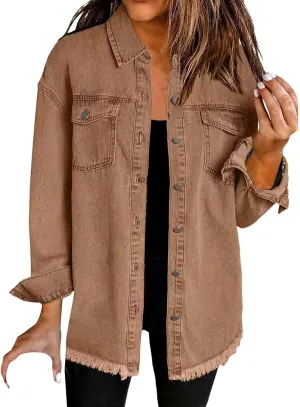Womens Oversize Denim Jacket Trendy Long Sleeve Button Down Lapel Jacket Coat Casual Cozy Solid Color Top with Pocket