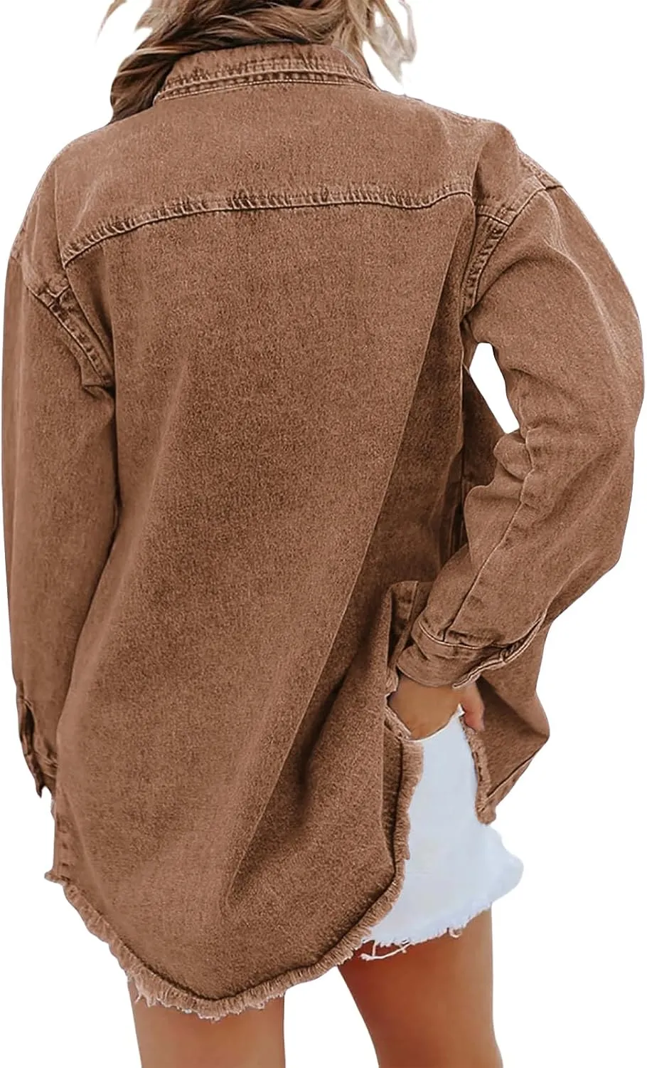 Women's Oversized Denim Jacket Frayed Hem Long Sleeve Jacket Casual Boyfriend Shacket Jacket Trendy Lapel Top