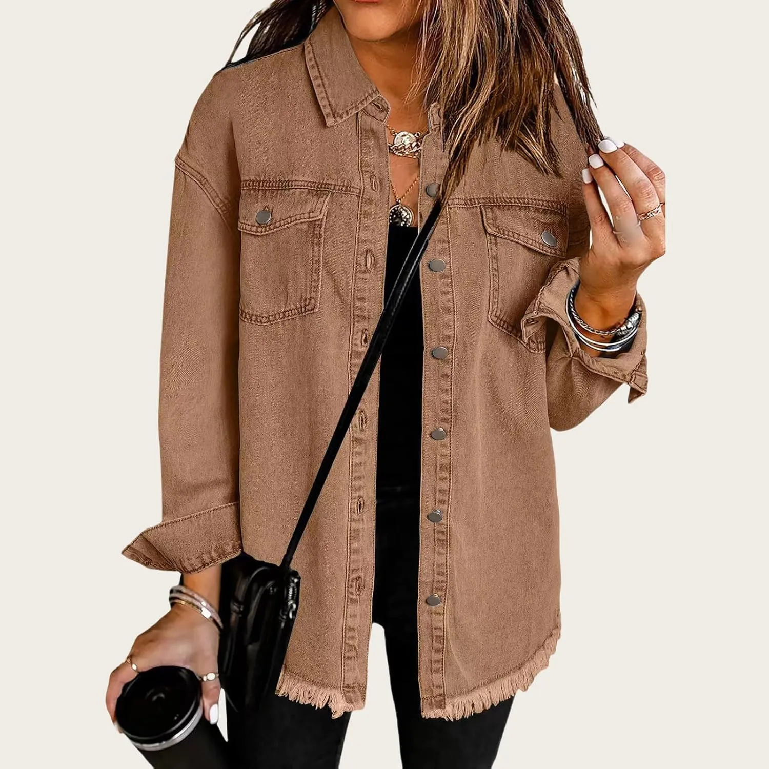 Women's Oversized Denim Jacket Frayed Hem Long Sleeve Jacket Casual Boyfriend Shacket Jacket Trendy Lapel Top